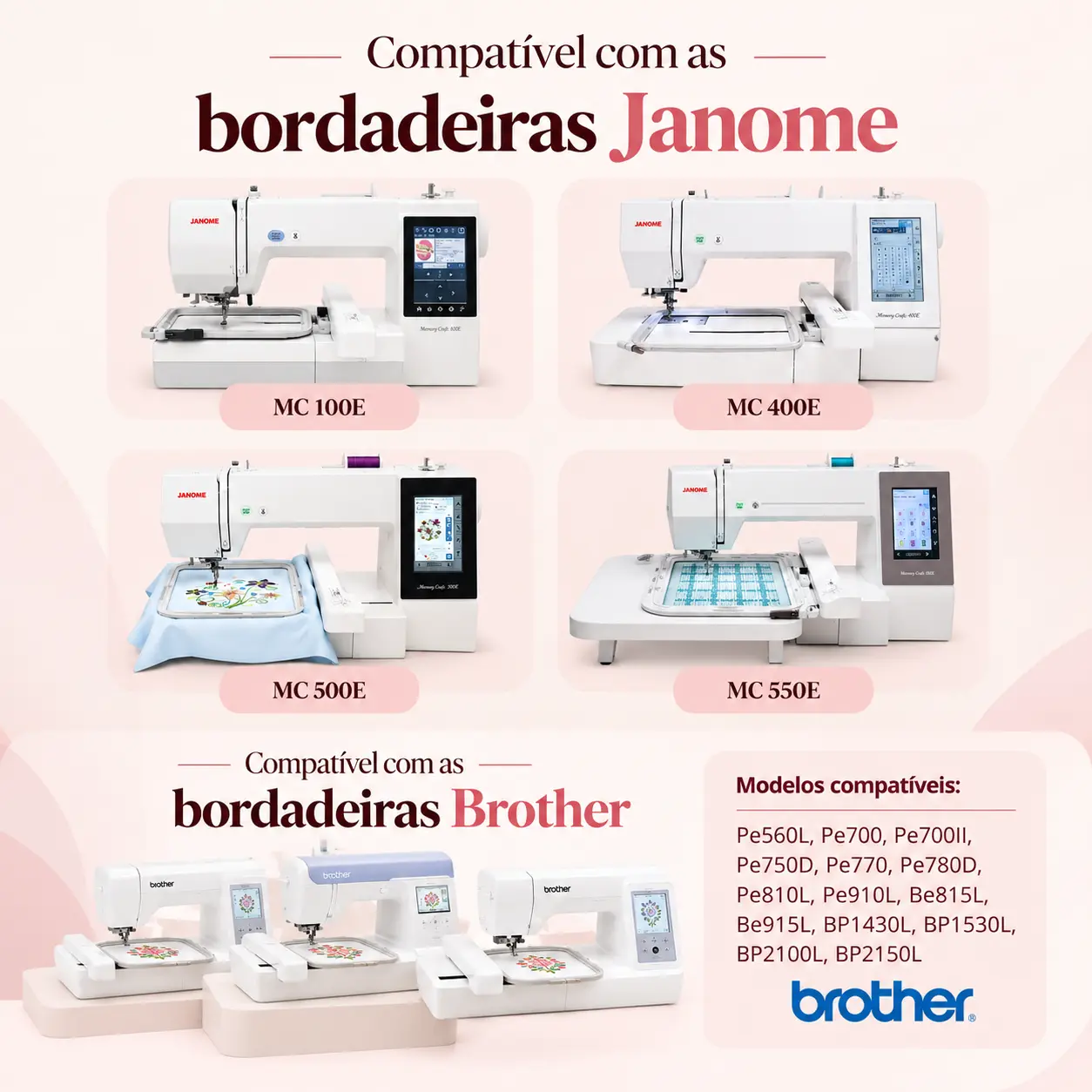 Modelos de bordadeiras Janome e Brother compatíveis com o curso Bordando Sem Limites